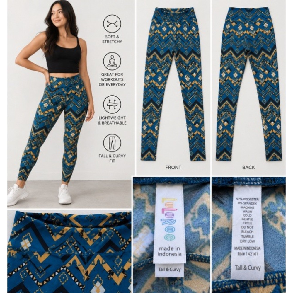 LuLaRoe Tall & Curvy Leggings Blue Yellow Geometric Chevron Print High Waist TC